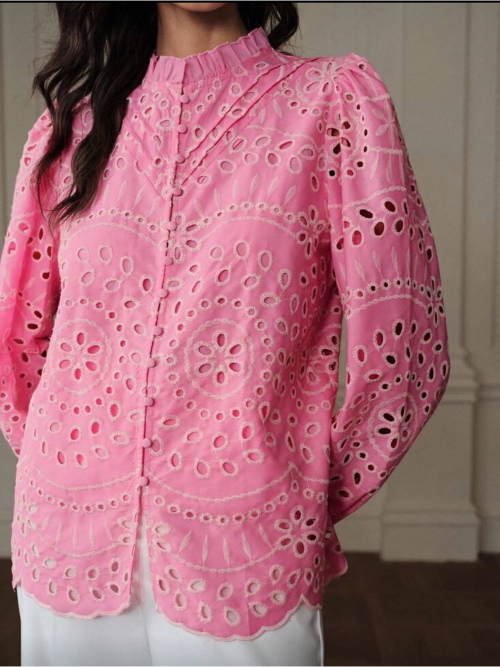 Avalon French Pink Eyelet Blouse White Embroidered Flowers, Puff Sleeves, L, New - Picture 4 of 7